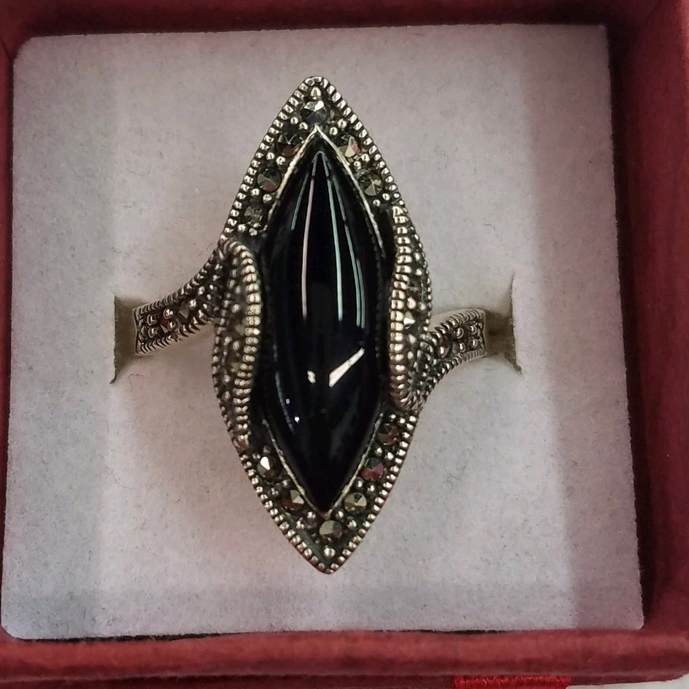 Astonishing Black Onyx Marquis Marcasite Ring